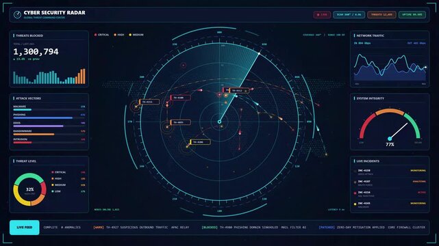 Digital Cybersecurity Radar Tracking Online Threats and Network Activity, Advanced Data Security and Cyber Defense Motion Graphics