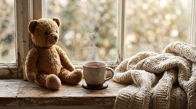 Old teddy bear sitting on windowsill with autumn leaves and sunlight