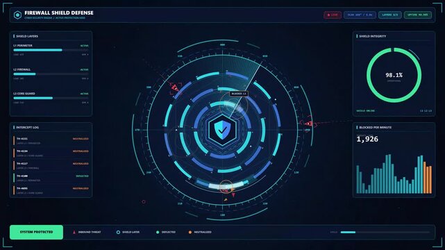 Futuristic Cyber Security Radar Interface Scanning Digital Data Network, Cyber Threat Detection and Network Protection Motion Video