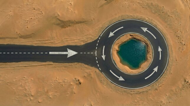 Top down aerial view of a road leading into a circular loop surrounding a turquoise water oasis in the desert symbolizing psychological trap, directional choices and endless cycle