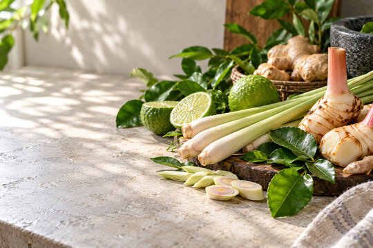 Fresh Thai Cooking Ingredients with Lemongrass, Kaffir Lime Leaves, Galangal and Ginger