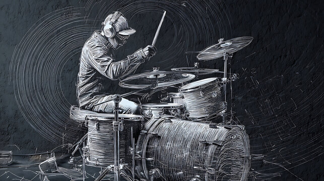 Stylized graphic illustration of a passionate drummer playing a drum kit with dynamic motion and artistic texture against a dark background