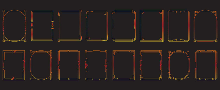 Art Deco frames with neon orange and yellow gradients on a dark background. Perfect for vintage designs, certificates, and borders.