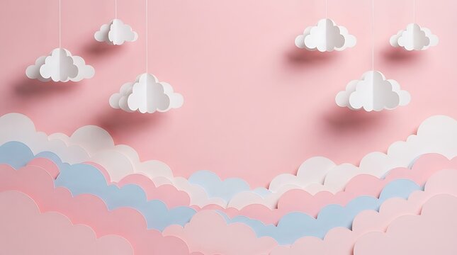 Paper cutout clouds hanging over a dreamy pink sky background for