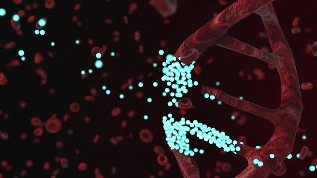 Glowing nanotech particles repairing and reconnecting damaged DNA helix strand 3d render