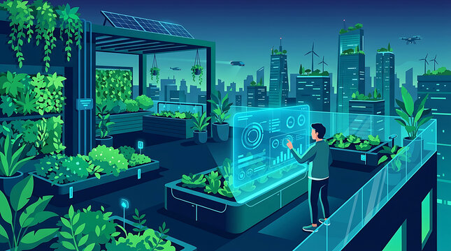Futuristic smart rooftop urban farming garden with farmer monitoring crops via holographic HUD interface and eco city vector illustration