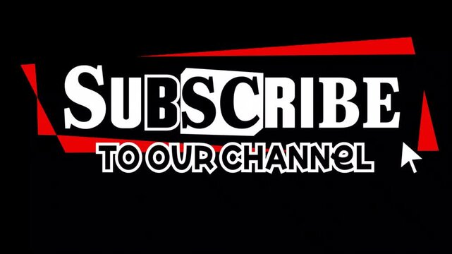 Subscribe button graphic displaying bold text inside a red geometric frame with a white mouse cursor arrow on a black background, designed for video content creators and social media promotion.