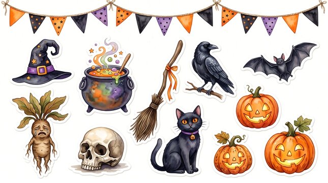 Watercolor halloween elements set featuring a witch hat cauldron broomstick raven black cat pumpkins skull and festive bunting