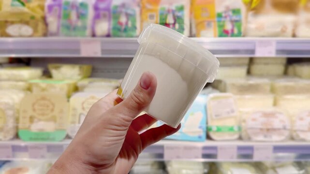 Hand Holding Yogurt and Cottage Cheese Packages in Supermarket Dairy Section &ndash; Dairy Products Against Shelves Background