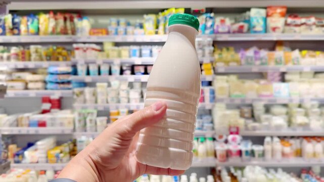 Hand Holding Yogurt and Cottage Cheese Packages in Supermarket Dairy Section &ndash; Dairy Products Against Shelves Background