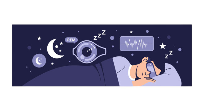 Man Sleeping with Smart Tech Tracking REM Cycles and Health Data Vector Illustration