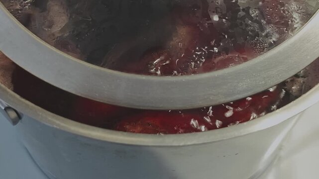 Delicious red beetroot soup, or borscht, boiling and simmering in a saucepan. Preparing a traditional Ukrainian dish in a domestic kitchen