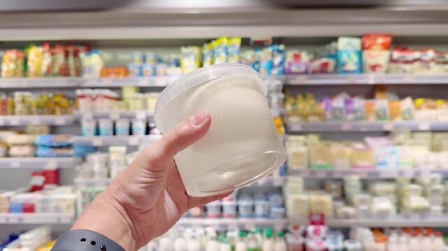 Hand Holding Mozzarella, Suluguni and Burrata Cheese Packages in Supermarket Cheese Section &ndash; Fresh Dairy Products Against Shelves Background