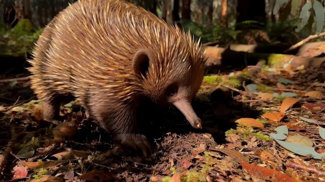 Short beaked echidna walking through dry leaves on the forest floor