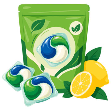 Green product pouch with swirling capsules and lemon
