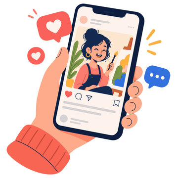 Hand holding a smartphone with a social media art post