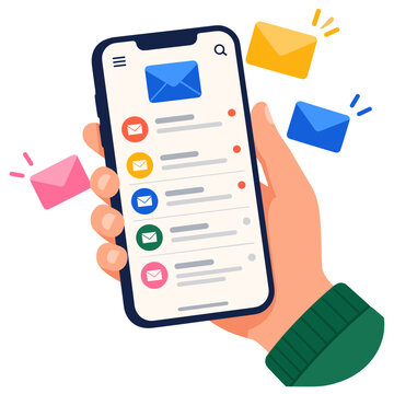 Hand holding a smartphone with email inbox and floating envelopes