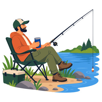 Bearded angler fishing from a folding chair beside a lake