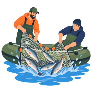 Fishers hauling a net from a green inflatable boat