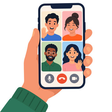 Hand holding a smartphone during a group video call