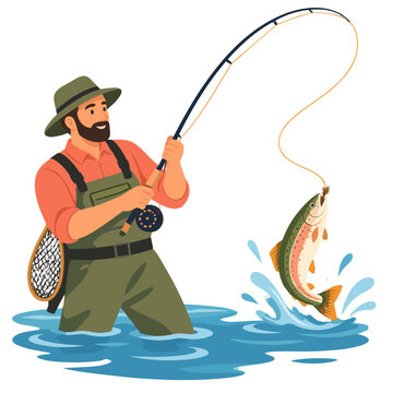 Angler fishing as a spotted fish leaps from blue water