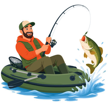 Bearded fisherman in an inflatable kayak as a fish leaps