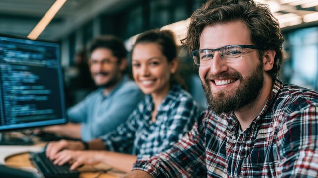Smiling software developer wearing glasses sits with two colleagues beside a code-filled monitor in a collaborative technology workspace.