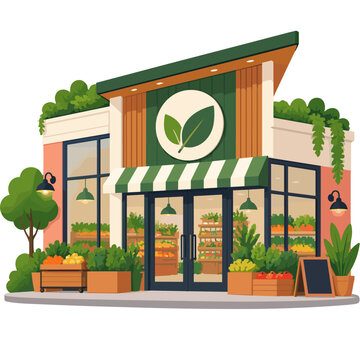 Produce market storefront with striped awning and leafy greens