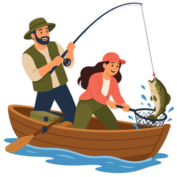 Anglers landing a fish from a wooden rowboat