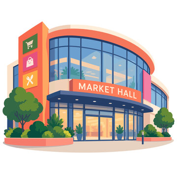 Modern market hall with glass facade and landscaped entrance