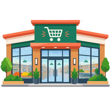 Storefront with shopping cart sign and glass display doors