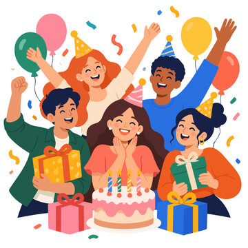 People celebrating a birthday around a candlelit cake