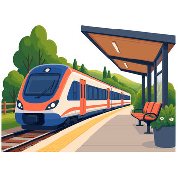 Passenger train beside a covered outdoor station platform