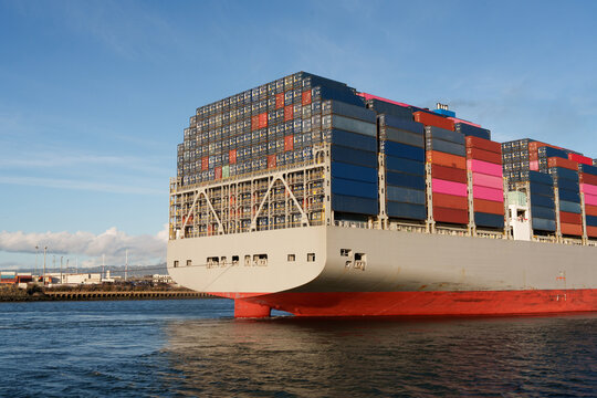 Cargo ship coming into harbor in Oakland, California