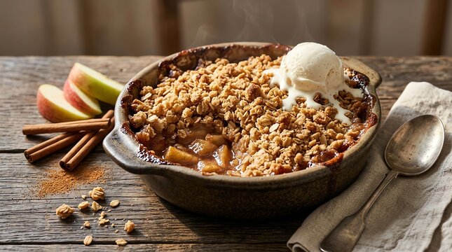 Warm apple crumble in a rustic ceramic dish topped with a scoop of melting vanilla ice cream