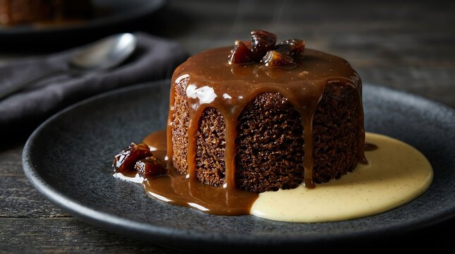 Sticky toffee pudding with caramel sauce and custard on a dark plate