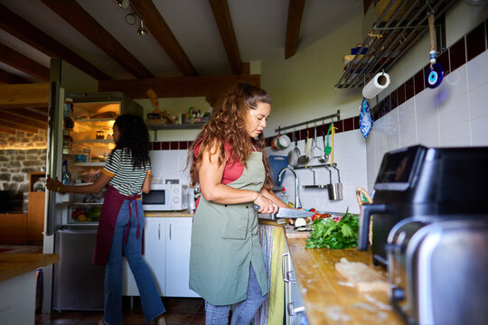 Women preparing healthy meal in rustic kitchen