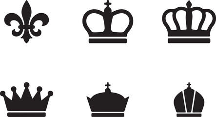 black fleur de lis and royal crown silhouette icons vector set © MdJoynal