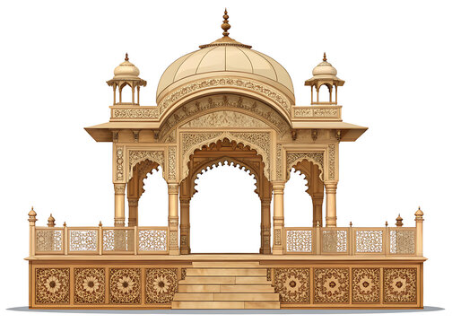 Grand Mughal palace balcony with an elaborate arched opening, decorative stone railing, floral carvings and miniature dome canopy, front-facing symmetrical design
