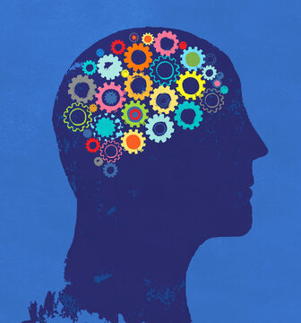 Illustration of Cogs inside Profile of Man's  Head