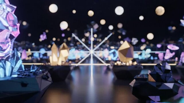 Futuristic digital crystal displays in a dark laboratory setting.