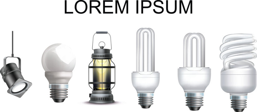 Realistic light bulb vector set featuring energy saving CFL bulbs, LED bulb, lantern, and spotlight on white background