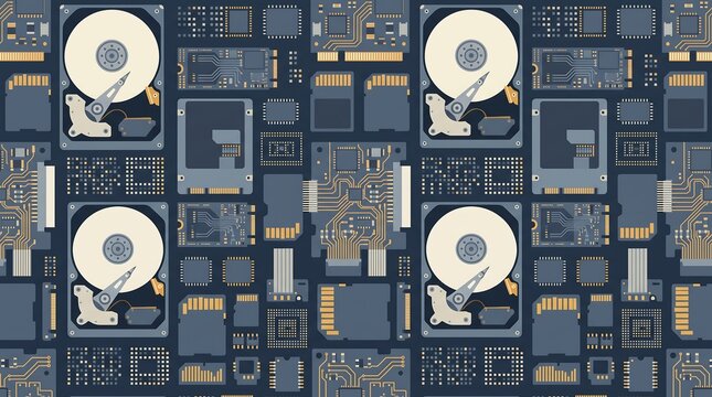 Hard Drive and Storage Hardware Seamless Pattern with Circuit Boards and Data Components