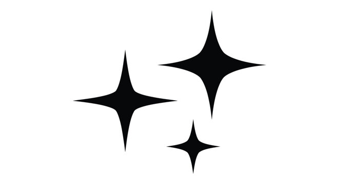 Three black starburst shapes present a simple silhouette against a white background sparkle glitter radiant stellar