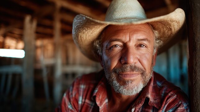 An experienced farmer with a warm smile and weathered features leans against a wooden post, showcasing rural life and the wisdom gained through years of hard work on the farm.