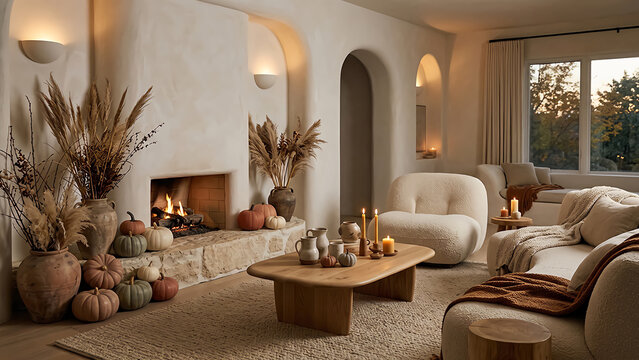 Cozy living room with fireplace decorated for autumn with pumpkins and warm lighting.