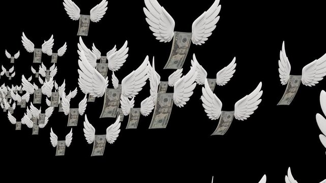 Twenty US dollar bills with wings flying from the distance 3d render