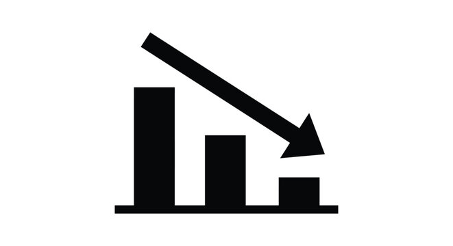 Declining bar graph with downward arrow represents negative trend or loss decline falling decreasing reduction chart