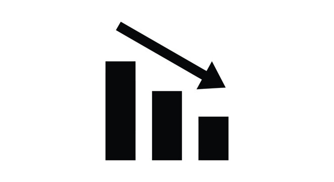 Decreasing bar graph with arrow a black silhouette on a white background decline reduction loss downturn