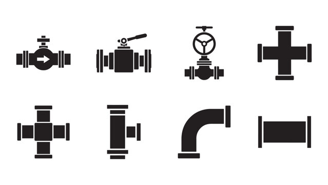 Pipeline valve engineering solid glyph icon set featuring industrial fittings, flow control and plumbing equipment.